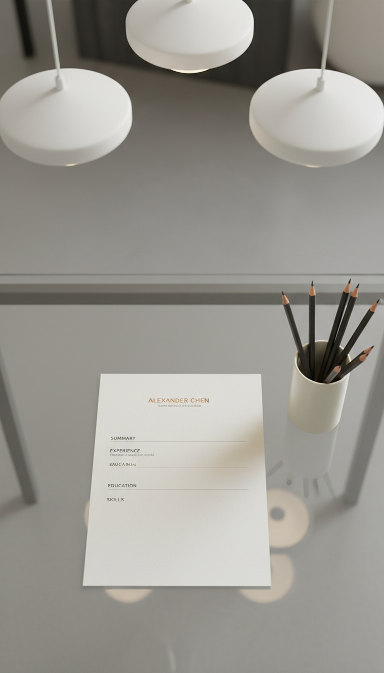 A sleek, minimalist CV printed on heavy, eggshell-white cardstock, featuring clear typography and subtle metallic embossing. The document rests atop a contemporary, translucent glass desk, beside an elegant ceramic cup filled with sharpened black pencils. Overhead, soft white pendant lighting creates gentle, uniform illumination, bringing out crisp shadows and emphasizing the tactile quality of the paper. The scene is composed from an overhead, centered perspective, exuding professionalism, attention to detail, and modernity—an ideal representation for a CV section of a personal portfolio website.