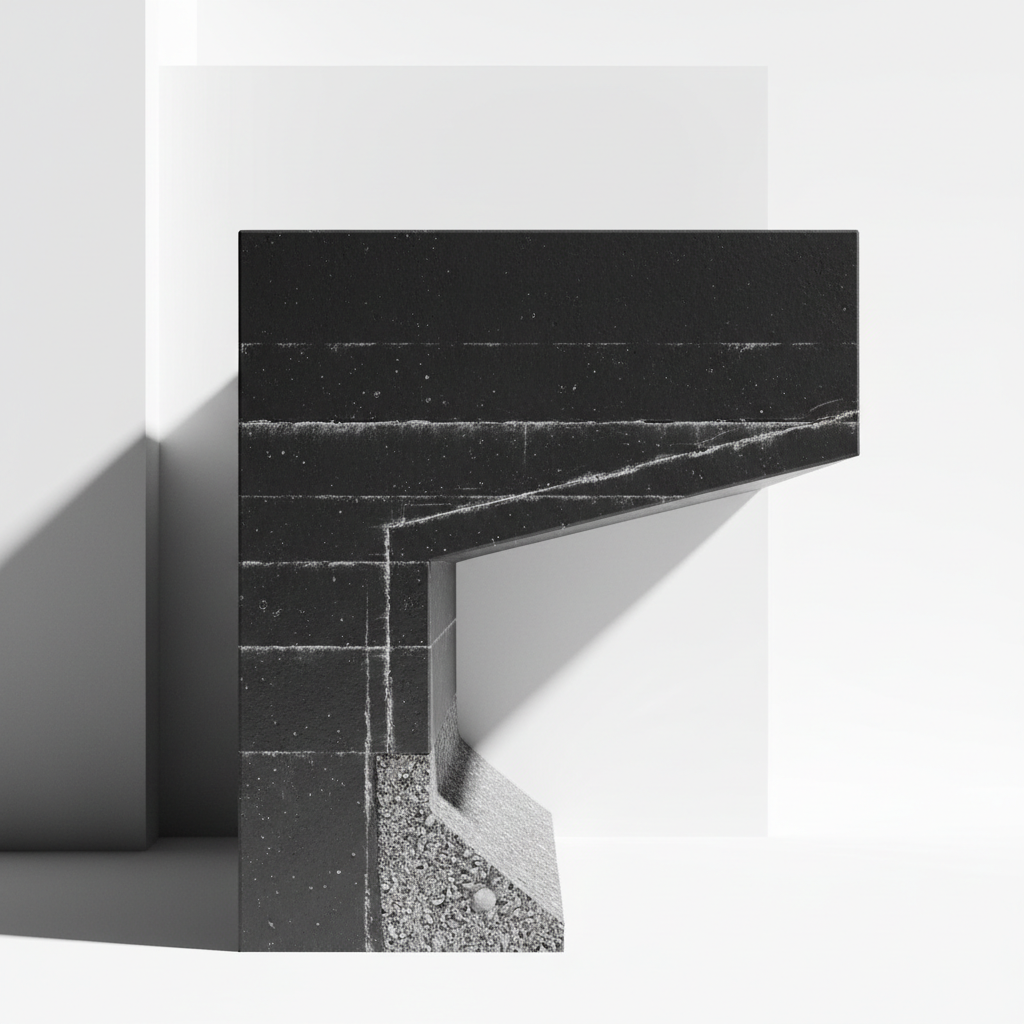 A highly detailed section of a black concrete cantilever retaining wall, its smooth formwork contrasted with rough aggregate exposed at the base. The structural cross-section sits starkly against a pristine white geometric background, with a fine dusting of white chalk powder tracing the engineering layers. Hard, raking studio lights from the right create knife-edge highlight and shadow transitions, making every surface texture vivid and tactile. The camera captures a close-up, eye-level side profile, emphasizing functional beauty and material truth. The mood is contemplative yet striking, with a minimalist, documentary-style composition that spotlights core civil engineering knowledge—a perfect visual anchor for site reflections on technical challenges.
