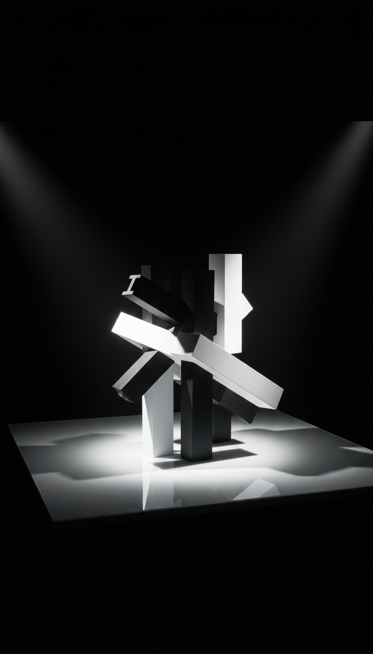 A striking, abstract arrangement of interlocking matte black and bright white geometric volumes, reminiscent of modular civil engineering components such as beams, columns, and slabs. These shapes rest on a smooth, reflective white plinth in the center of a vast, empty black expanse. Intense, focused spotlights at 45-degree angles illuminate selected surfaces, casting razor-sharp, overlapping shadows that intensify the sense of depth and form. The composition uses strong diagonal lines and asymmetrical balance, shot at a three-quarter elevated angle for dramatic spatial impact. The mood is powerfully dynamic and forward-thinking, with a minimalist photographic realism that projects authority and avant-garde design—ideal for a bold engineering portfolio cover image.